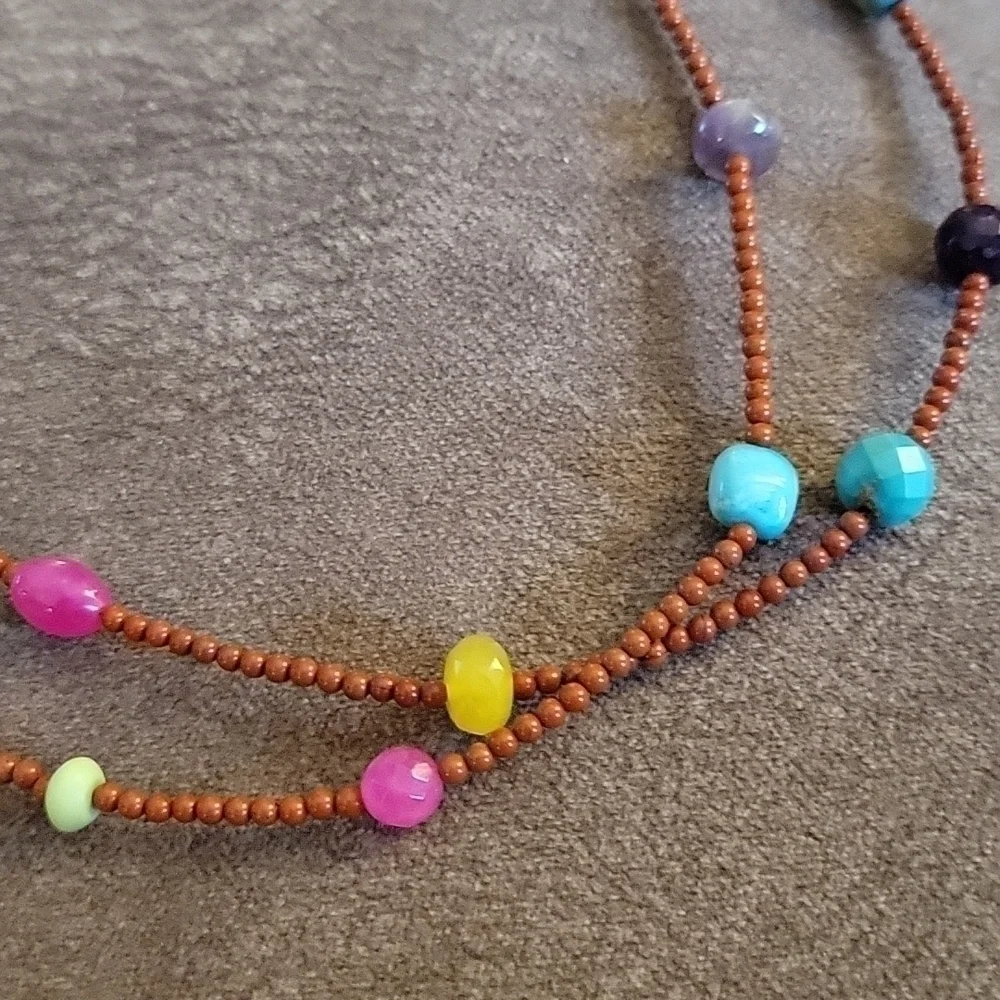 Handmade Rainbow Gemstone Beaded Two Strand Necklace